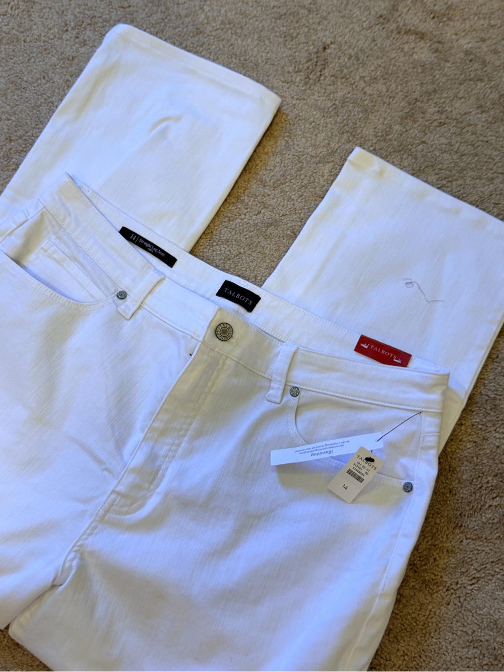 Women's Talbots Curvy Fit Straight Leg White Denim Jeans Stretch Pockets 14 NWT